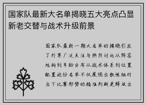 国家队最新大名单揭晓五大亮点凸显新老交替与战术升级前景